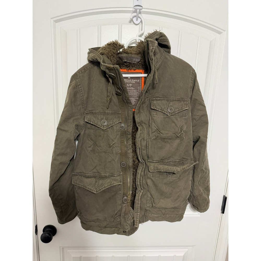 American Eagle Field Jacket Mens Small Olive Green Sherpa Lined Hooded EUC